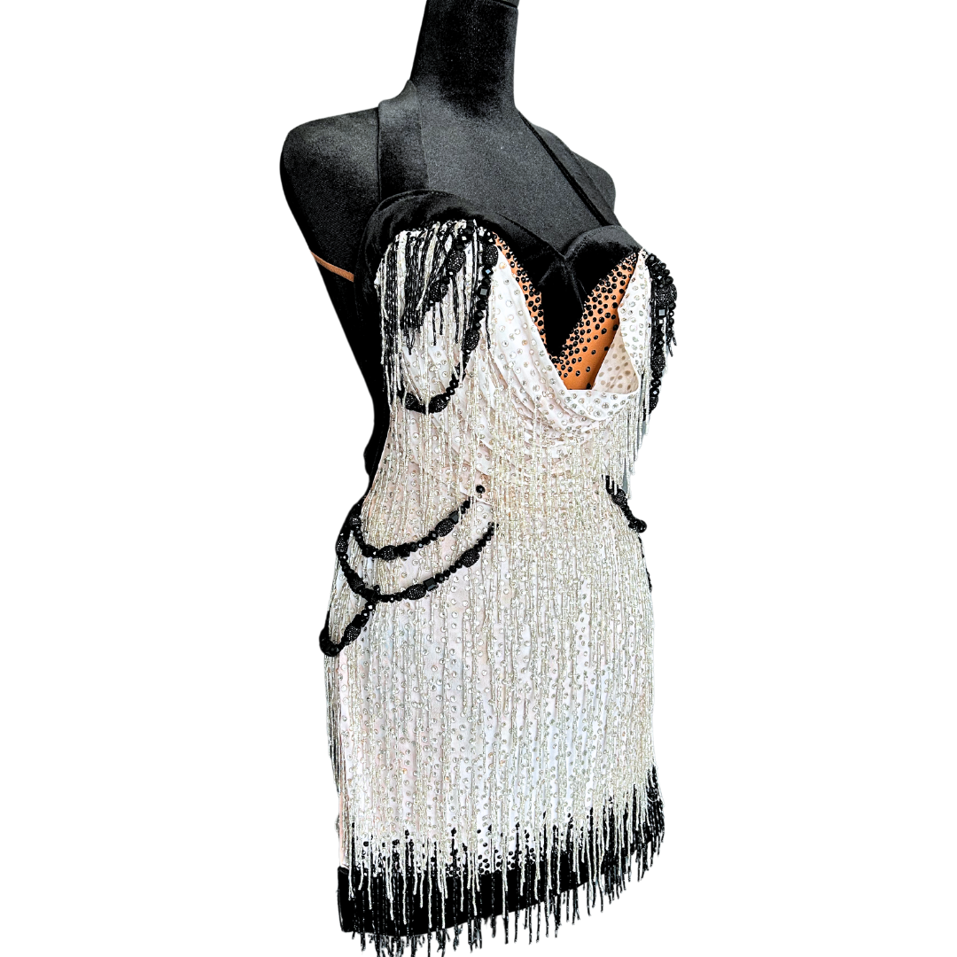 Vessa Black and White Beaded Fringe Dress image 0