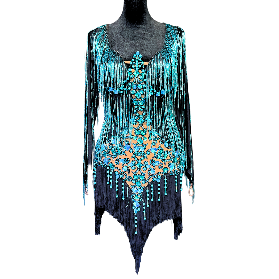 Teal and Black Beaded Fringe Dress image 1