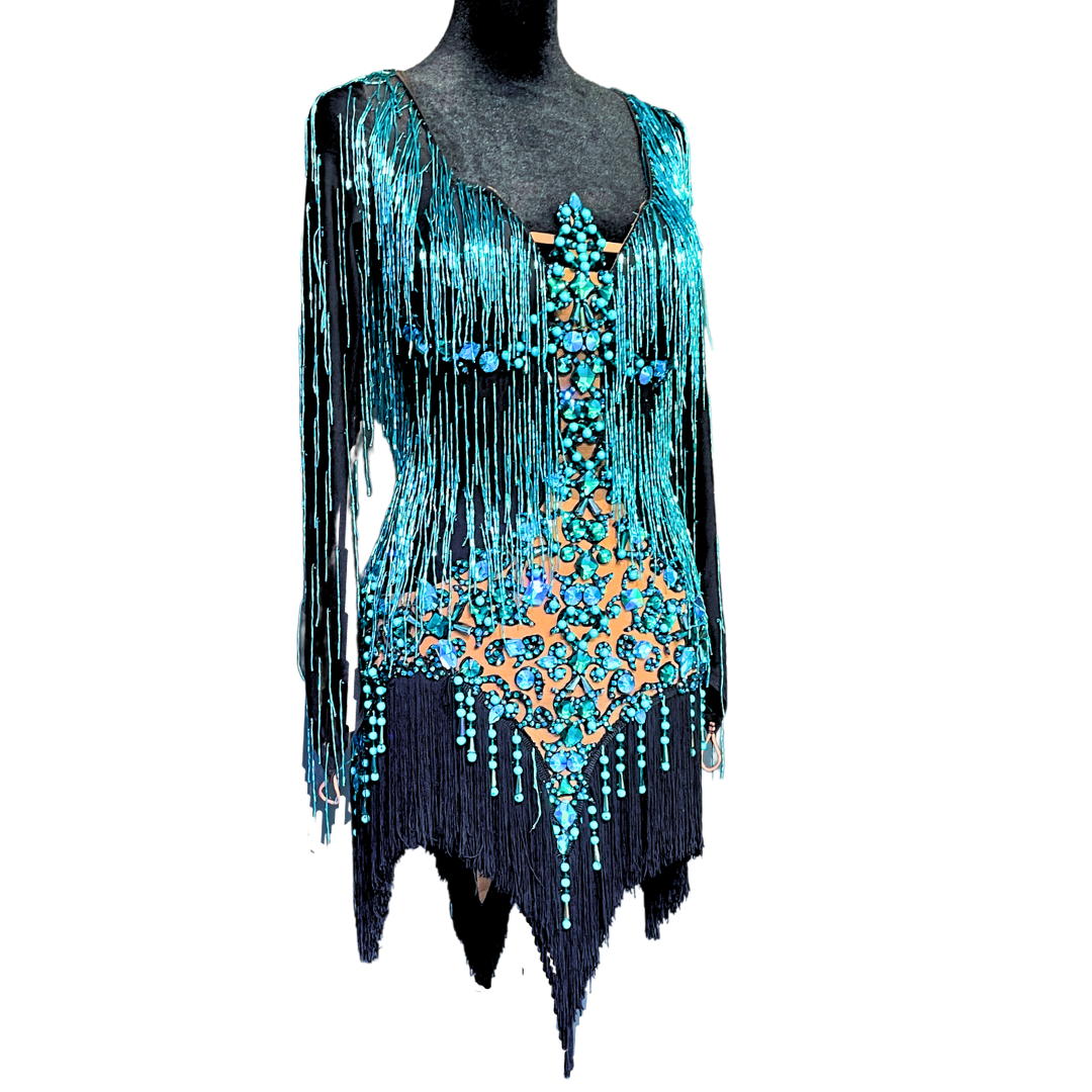 Teal and Black Beaded Fringe Dress image 0