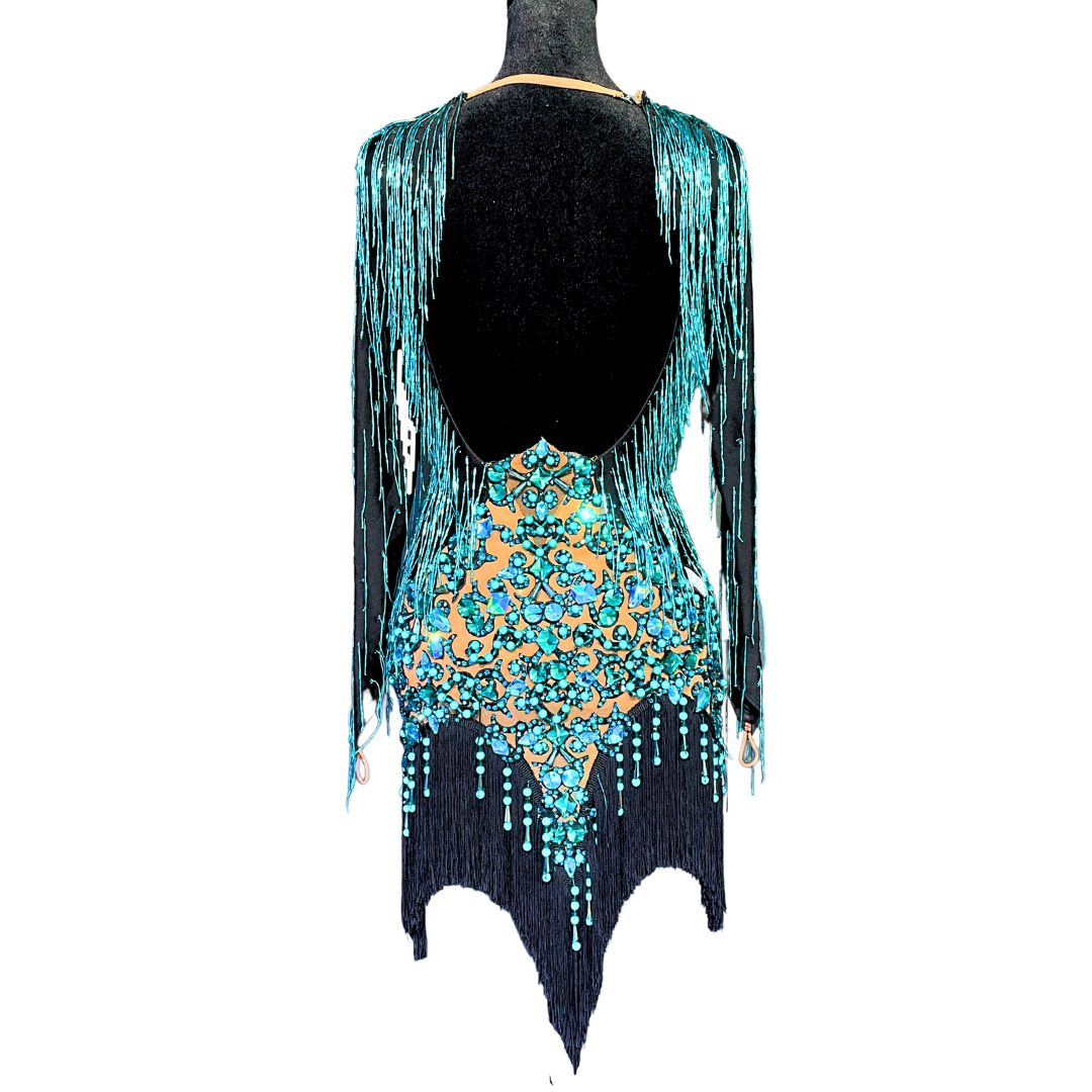 Teal and Black Beaded Fringe Dress image 2